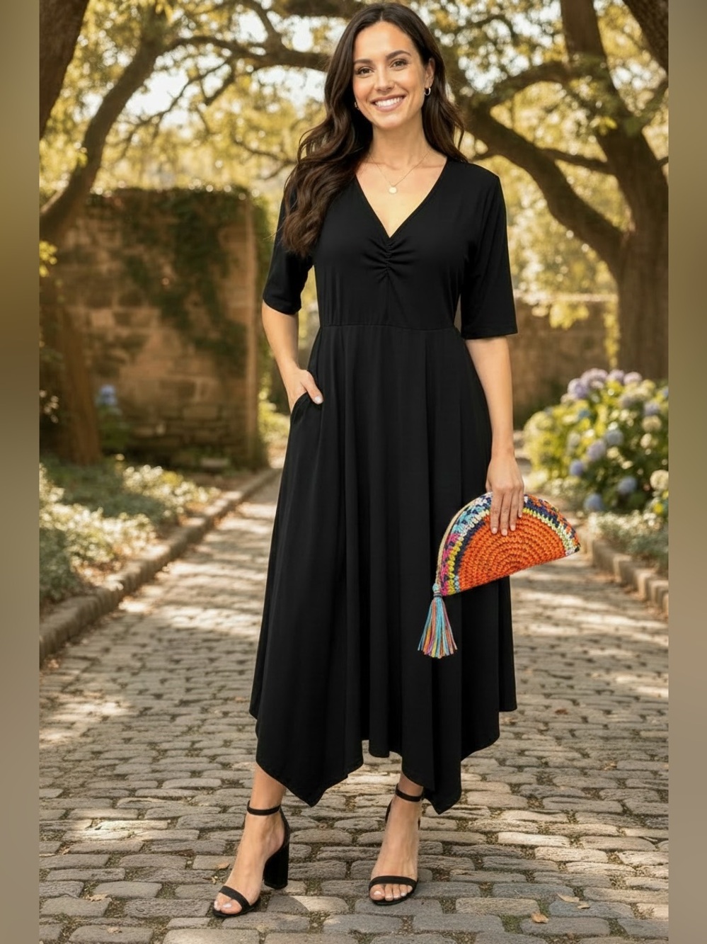 💕Bloomchic Black short sleeve midi Asymmetrical Hem Dress Size 10/M